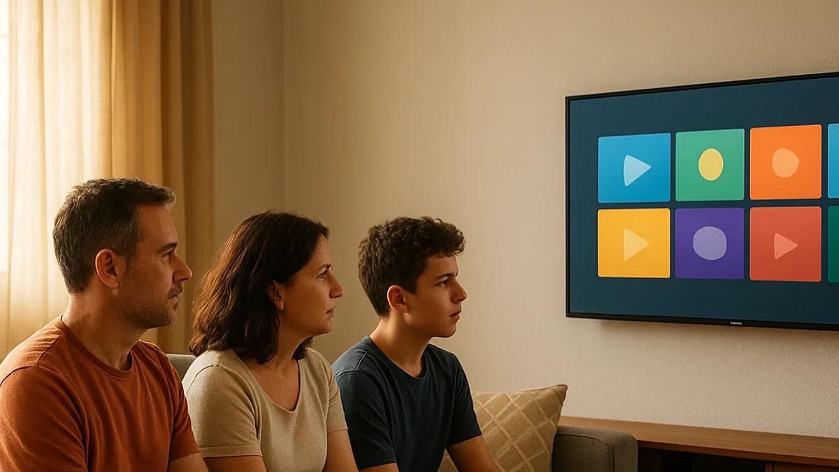 Família no sofá da sala olhando a grade de canais na tela da smart TV