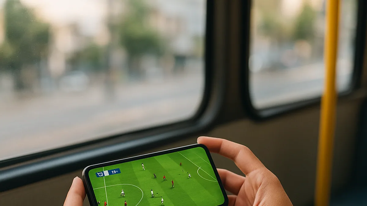 Passageiro assistindo a um jogo no celular dentro do ônibus