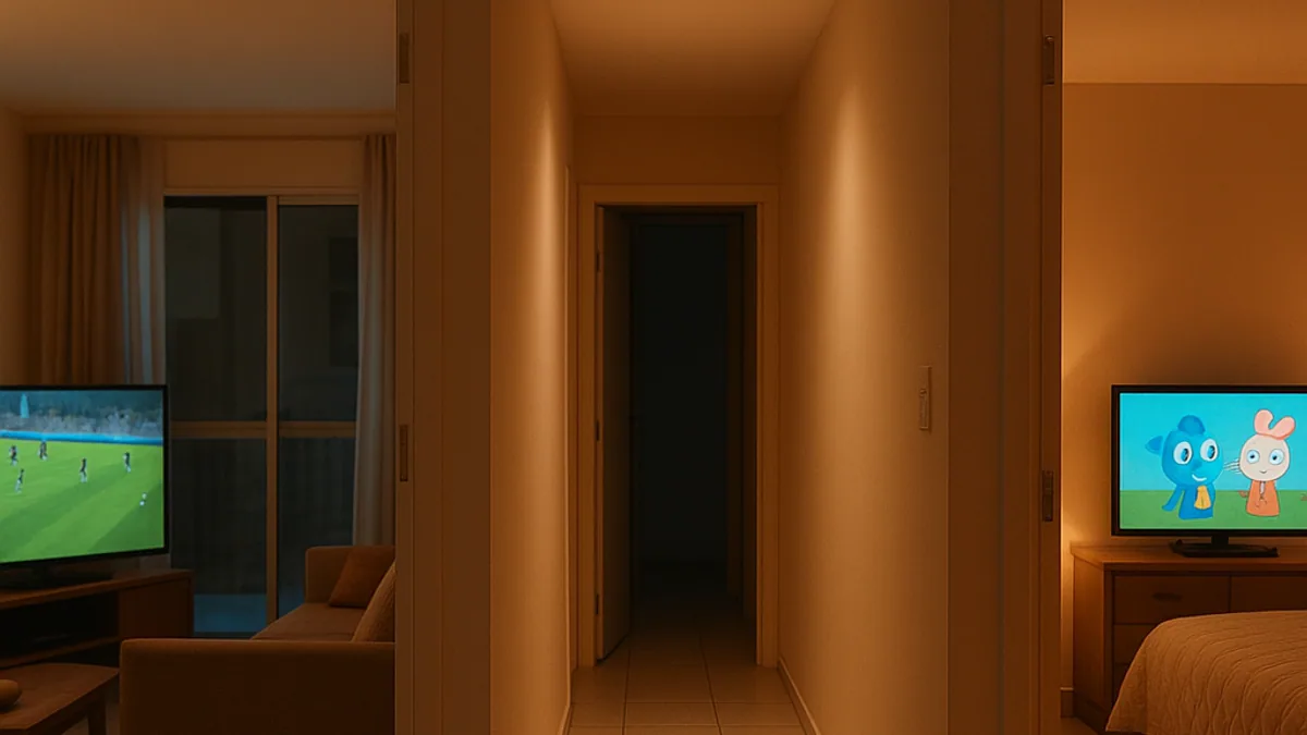 TV da sala e TV do quarto ligadas ao mesmo tempo, cada uma em um canal
