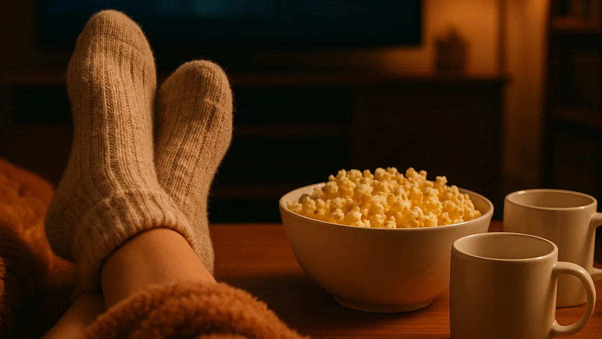 Maratona de série à noite no sofá, com cobertor e pipoca diante da TV