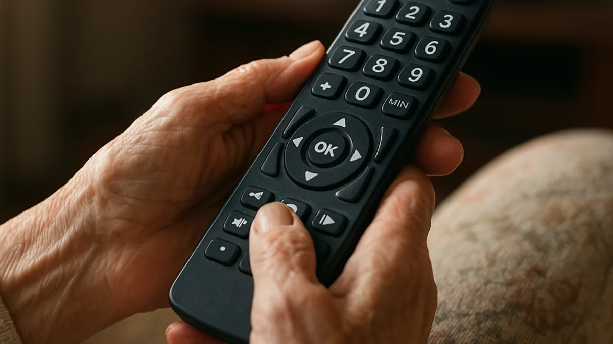 Senhora com controle de botões grandes diante da TV da sala