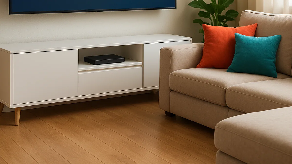 Smart TV na parede com a tela inicial de aplicativos aberta