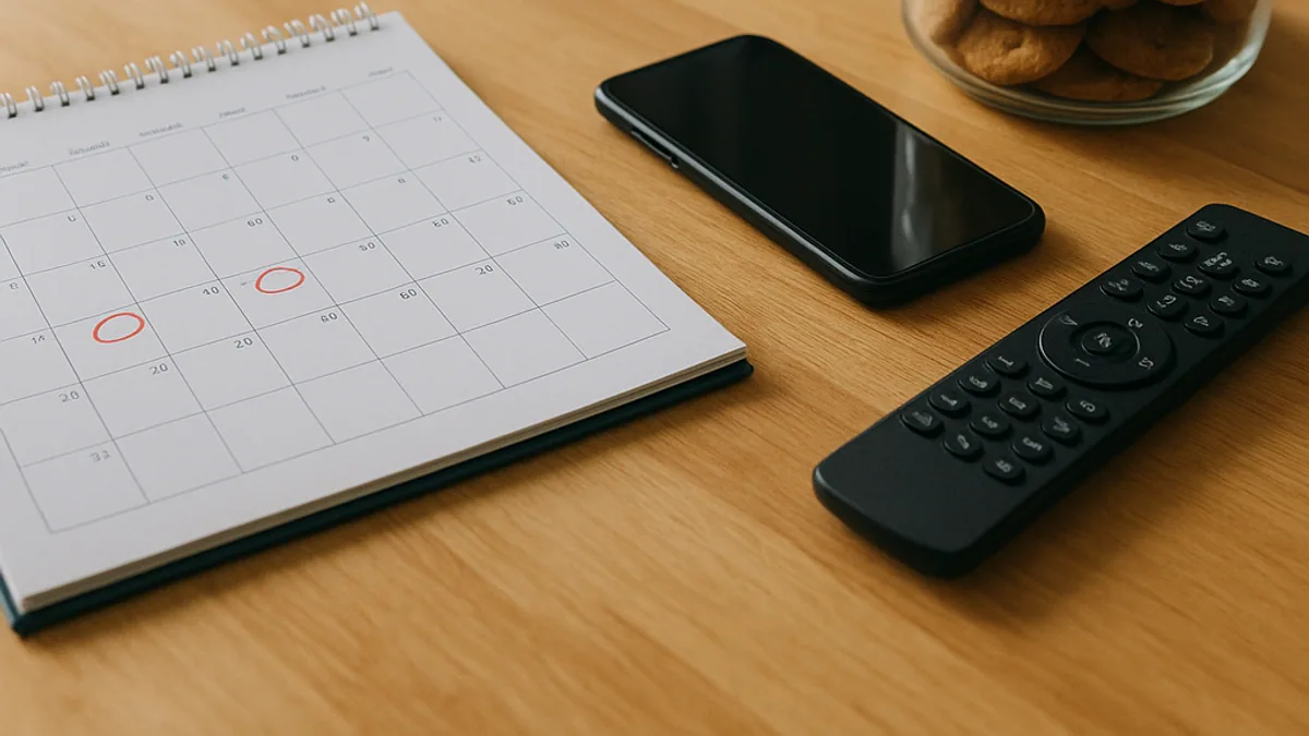 Calendário de mesa com dias marcados ao lado de um celular e do controle remoto