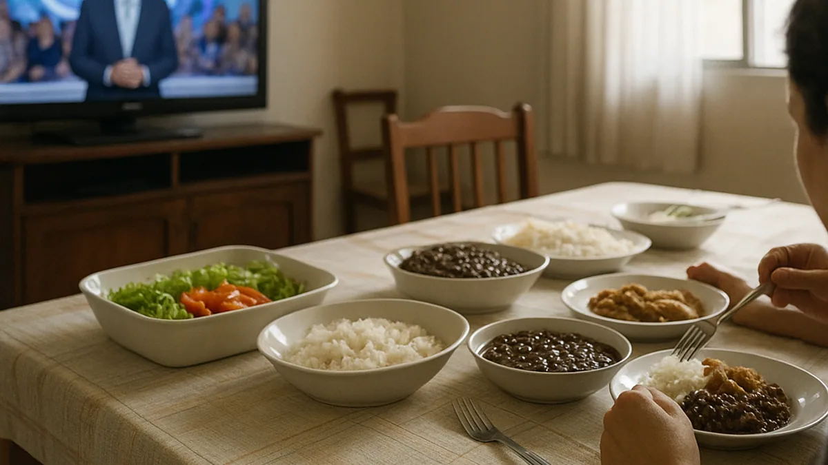 Família almoçando no domingo com a TV ligada ao fundo, mostrando a transmissão de um jogo