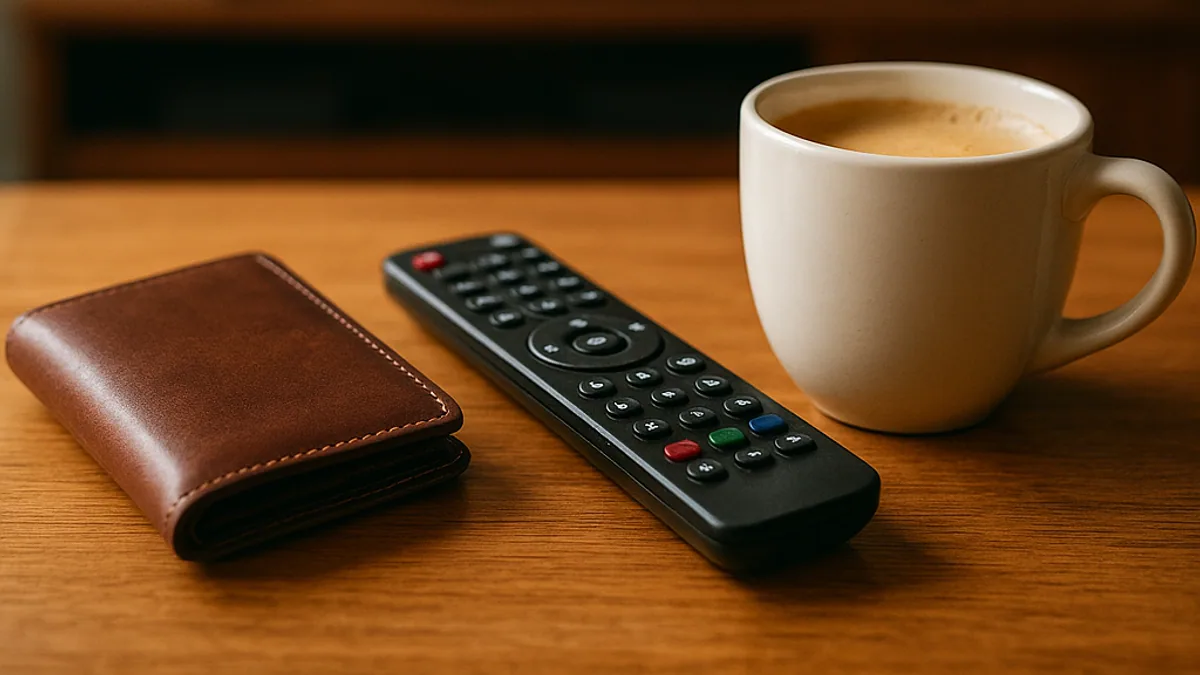 Carteira fechada sobre a mesa ao lado do controle remoto da TV