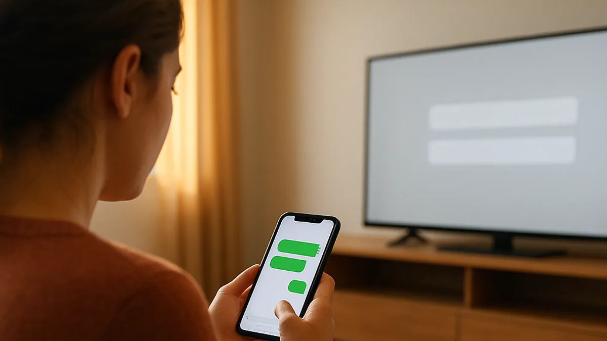 Pessoa com o WhatsApp aberto no celular enquanto a TV mostra a tela de login do aplicativo